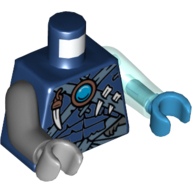 Lego Torso, Odd Arms and Hands, Vest with Straps, Pendants with Blue Chi Print, Left Trans-Light Blue Arm and Dark Azure Hand, Right Dark Bluish Gray Arm and Light Bluish Gray Hand / Dark Blue
