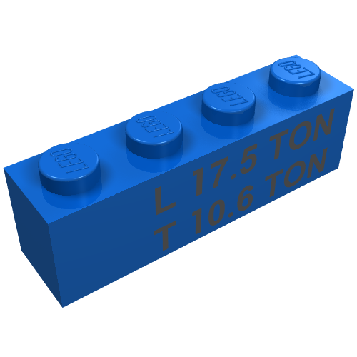 Lego Brick 1 x 4 with Black "L 17.5 TON" and "T 10.6 TON" Print / Blue