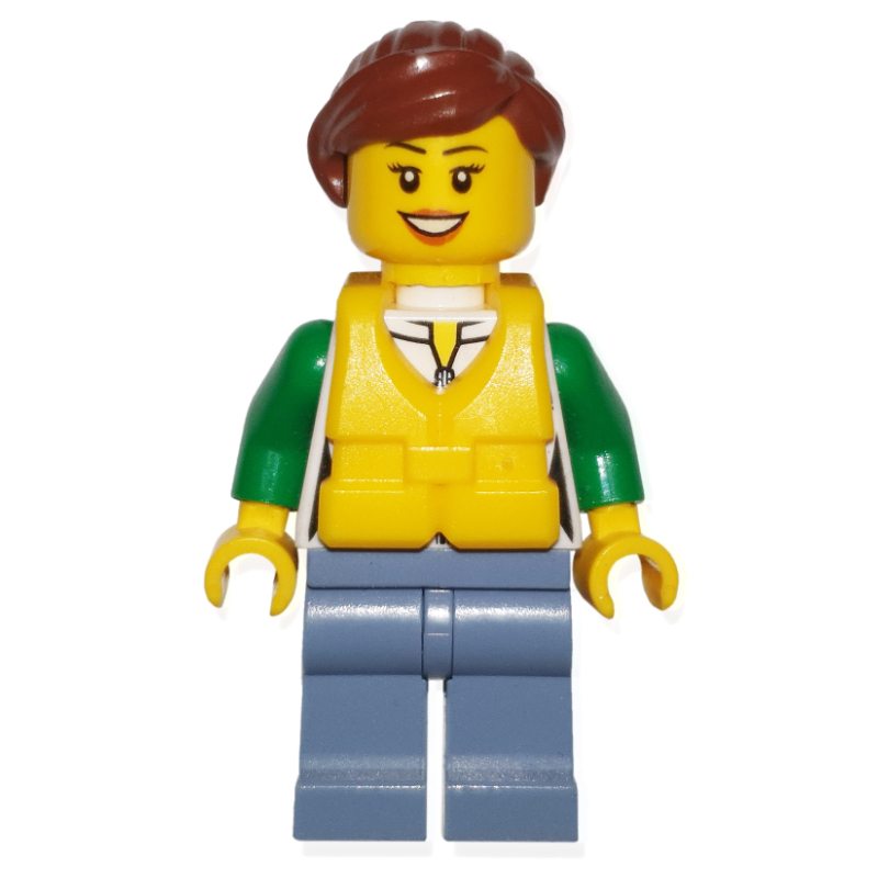 Lego Woman, Green and White Jacket with Zipper, Sand Blue Legs, Reddish Brown Hair, Yellow Life Vest