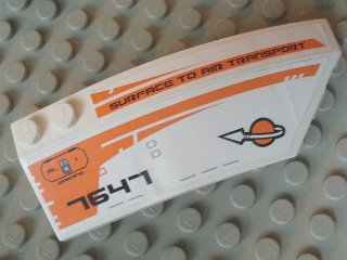 Lego Wedge 8 x 3 x 2 Open Right with '7647', Modified Classic Space Logo and 'SURFACE TO AIR TRANSPORT' Pattern (Stickers) - Set 7647