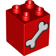 Lego Duplo Brick 2 x 2 x 2 with Dog Bone Print / Red