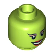 Minifig Head Oola, Dual Sided, Arched Eyebrows, Eyelashes, Red Lips, Smile / Scared Print [Hollow Stud] / Lime