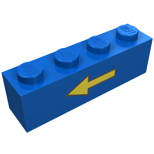 Lego Brick 1 x 4 with Yellow Left Arrow and Black Border Print / Blue