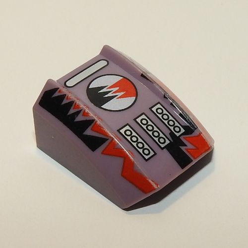 Lego Brick Curved 2 x 2 with Lip, No Studs with Red/Black Lightning Print [4566] / Sand Purple