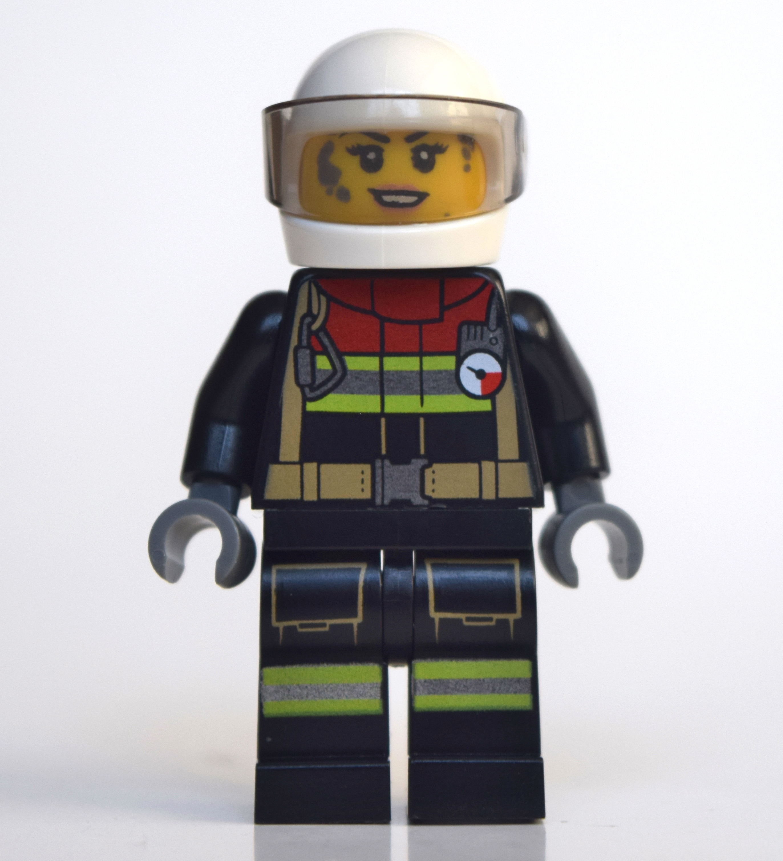 Lego Firewoman, Firesuit with Straps and Gauge, White Helmet with Visor, Dirty Face