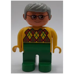 Duplo Figure, Early, with Short Parted Hair Light Gray, Green Legs, Argyle Sweater Print / Yellow