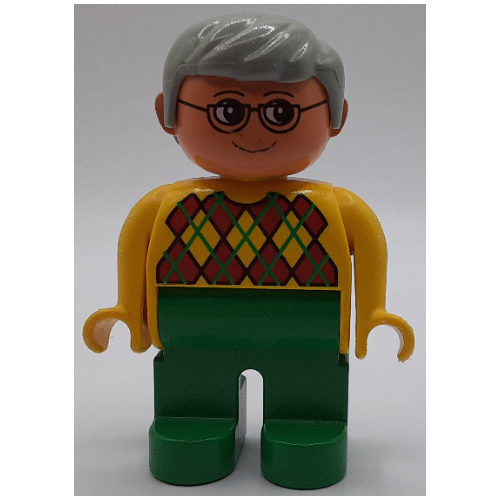 Lego Duplo Figure, Early, with Short Parted Hair Light Gray, Green Legs, Argyle Sweater Print / Yellow