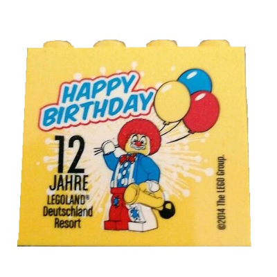 Lego Brick 2 x 4 x 3 with 'LEGOLAND Deutschland Resort HAPPY BIRTHDAY 12 JAHRE' Print / Yellow