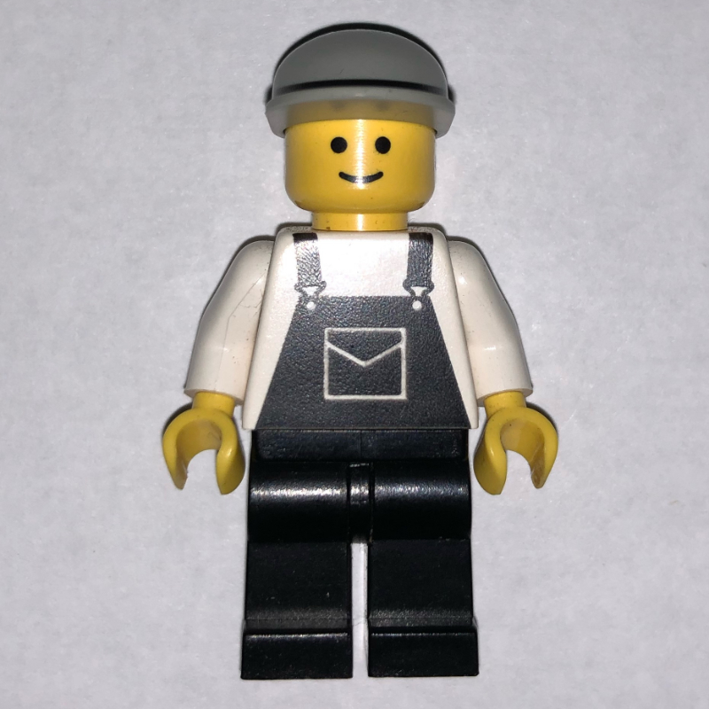 Lego Man, Black Overalls, Light Gray Cap