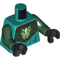 Lego Torso, Armor, Dark Green Chest with Yellowish Green Kraken, Reddish Brown Trim print, Dark Green Arms, Black Hands / Dark Turquoise