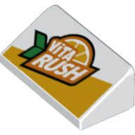 Lego Brick Sloped 30° 1 x 2 x 2/3 with 'VITA RUSH' and Orange Slice Print / White