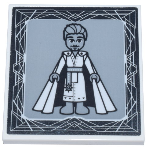 Lego Tile 4 x 4 with Portrait of Male Mini Doll with Cape (King Magnifico) on Light Bluish Gray Background with Geometric Mirror Frame Pattern (Sticker) - Set 43224