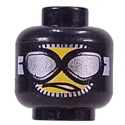 Minifig Head, Balaclava with Silver Goggles, Downturned Partly Opened Mouth Print / Black