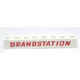 Brick 1 x 8 with 'BRANDSTATION' Red Print / White