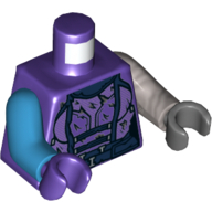 Lego Torso, Odd Arms and Hands, Jumpsuit with Dark Blue Straps Print (Nebula), Left Flat Silver Arm and Dark Bluish Gray Hand, Right Dark Azure Arm and Dark Purple Hand / Dark Purple