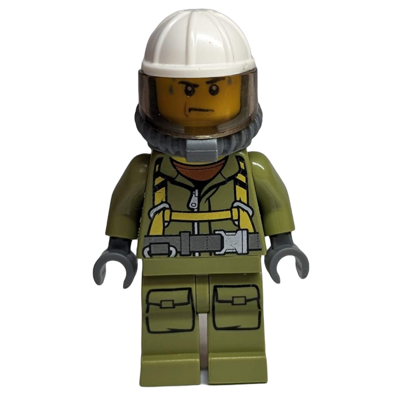 Lego Volcano Explorer, Man, Olive Green Jumpsuit with Straps, White Hard Hat with Visor, Breathing Apparatus