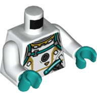 Lego Torso Spacesuit, Dark Turquoise Trim, Dark Bluish Gray Hose and Vent Print, White Arms, Dark Turquoise Hands / White