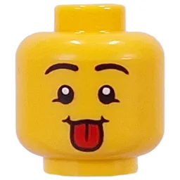 Minifig Head Black Eyebrows, Tongue Sticking Out, Squint / Bandage, Open Mouth, Chipped Tooth / Yellow
