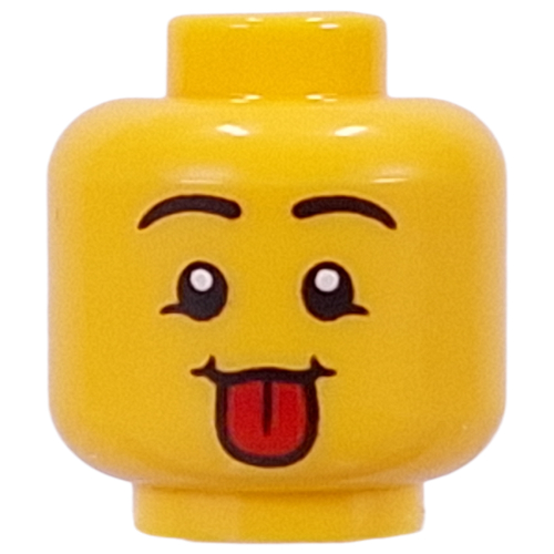 Lego Minifig Head Black Eyebrows, Tongue Sticking Out, Squint / Bandage, Open Mouth, Chipped Tooth / Yellow