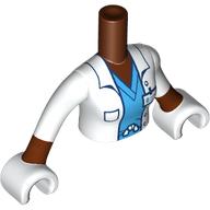 Lego Minidoll Torso Woman with Lab Coat, ID Badge, Dark Azure V-Neck Shirt print, Reddish Brown Arms, White Hands / Reddish Brown