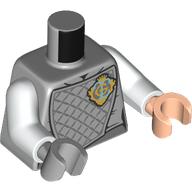 Lego Torso, Odd Hands, Chest Protection with Dark Bluish Grey Lattice, Gold Crest, 'G' print, White Arms, Left Light Nougat Hand, Right Light Bluish Gray Hand / Light Bluish Gray