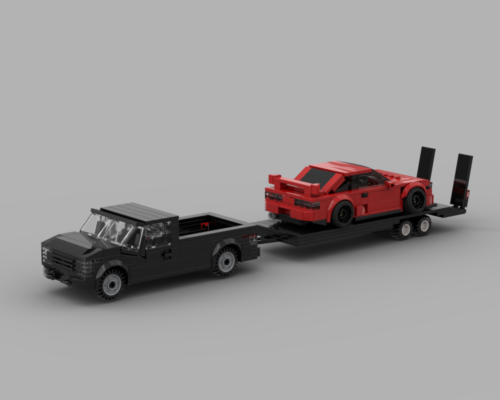 Lego Ford Truck, Nissan Silvia S13 240sx Drift Car, and Trailer