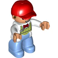 Duplo Figure with Cap Red, with Bright Light Blue Legs, Lime Apron, Red Bow Tie Print / White