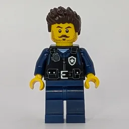 Police Officer, Black Vest, Dark Blue Legs, Dark Brown Hair, Moustache