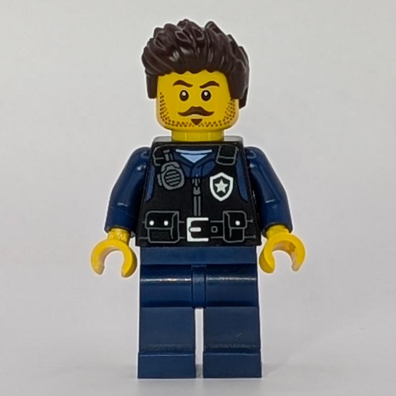 Lego Police Officer, Black Vest, Dark Blue Legs, Dark Brown Hair, Moustache