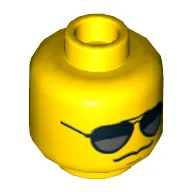 Minifig Head Hero, Black and Silver Sunglasses, Chin Dimple, Grim Mouth Print [Hollow Stud] / Yellow