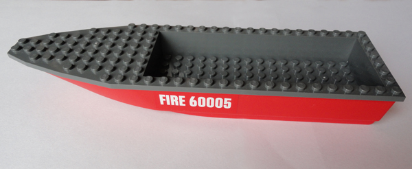 Lego Boat, Hull Unitary 28 x 8 with Dark Bluish Gray Top with 'FIRE 60005' Pattern on Both Sides (Stickers) - Set 60005