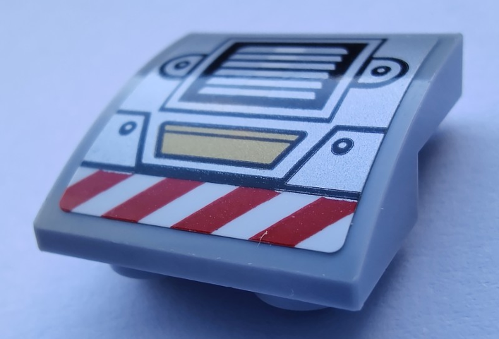 Lego Slope, Curved 2 x 2 x 2/3 Inverted with Silver Air Vent, Rivets and Red and White Danger Stripes Pattern Model Top (Sticker) - Set 80012