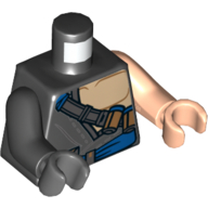 Lego Torso, Odd Arms and Hands, Shirt Torn, Bare Chest, Ammo Belt, Blue Sash Print, Left Light Nougat Arm and Hand, Right Black Arm and Dark Bluish Gray Hand / Black