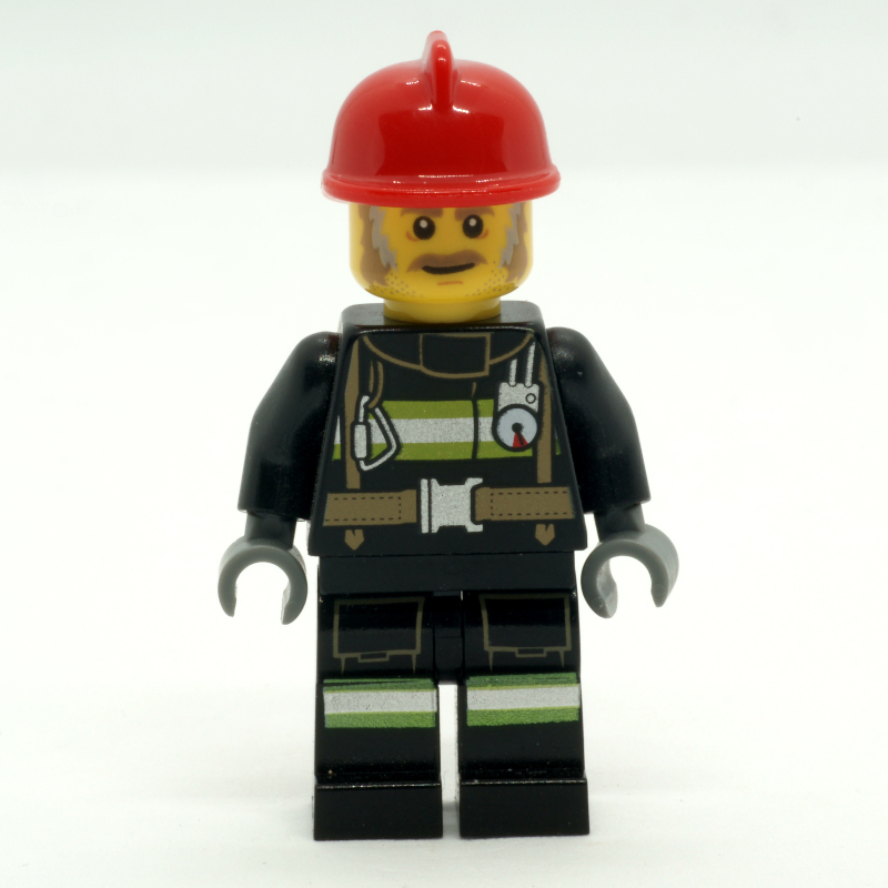 Lego Fire Fighter - Black Torso, Black Legs, Red Helmet, Dark Tan Beard