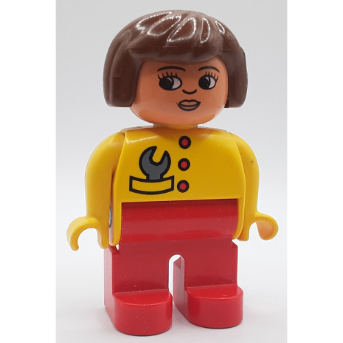 Lego Duplo Figure, Early, Hair Bob Brown, Red Legs, Red Buttons and Gray Wrench, Turned Down Nose Print / Yellow