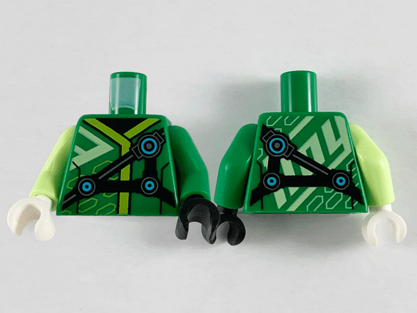 Lego Torso Robe with Lime Hems, Black Straps Pattern / Green Arm Left / Yellowish Green Arm Right / Black Hand Left / White Hand Right