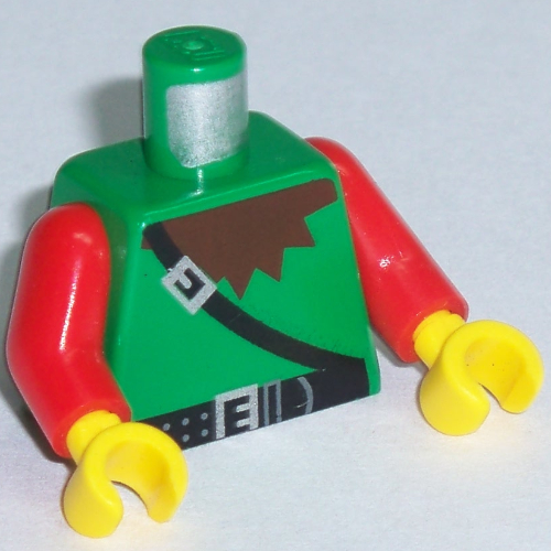 Lego Torso Dark Forestman Maroon Collar and Black Crossbelt Print, Red Arms, Yellow Hands / Green