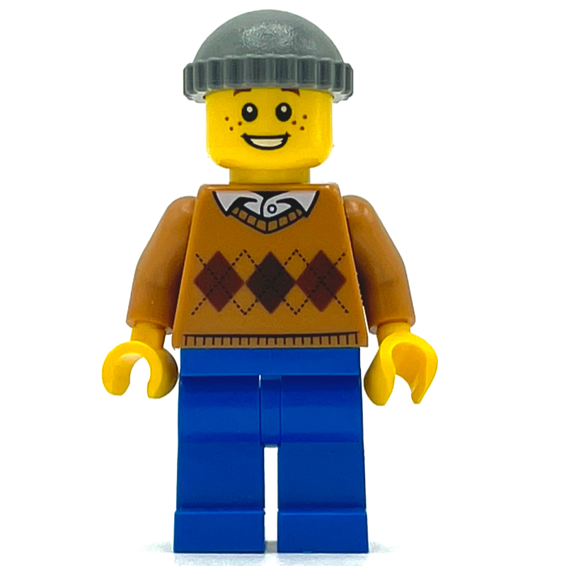 Lego Man, Argyle Sweater, Blue Legs, Hat