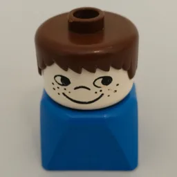Duplo 2 x 2 x 2 Figure Brick Early, Short Spiky Hair Brown, Cheek Freckles Print / Blue