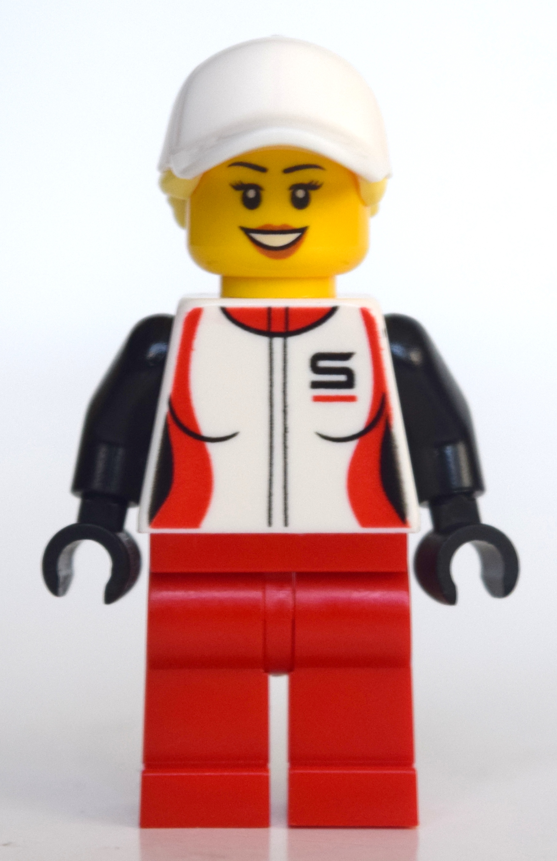 Lego Woman, Racing Jacket, Red Legs, Ponytail with White Cap