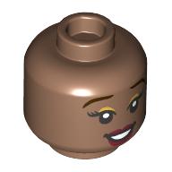 Lego Minifig Head Indira, Dark Brown Eyebrows, Dark Red Lips, Lopsided Smile/Open Mouth Smile / Medium Brown