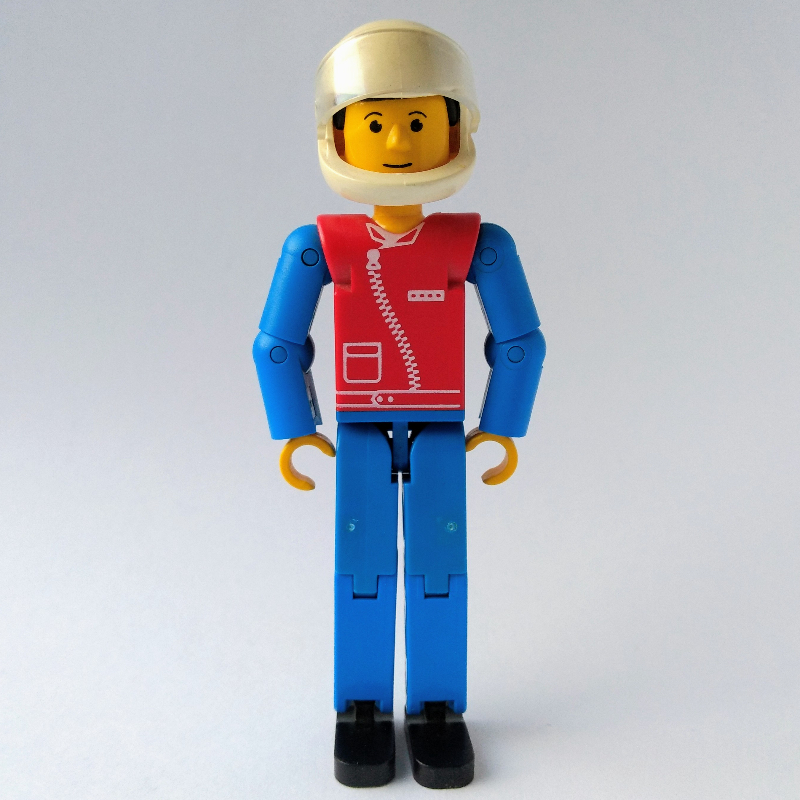 Lego Technic Figure Blue Legs, Red Top with Zip, Blue Arms, Black Hair - White Helmet