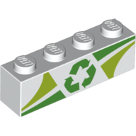 Lego Brick 1 x 4 with Green/Lime Shapes, Recycle Logo/Symbol / White