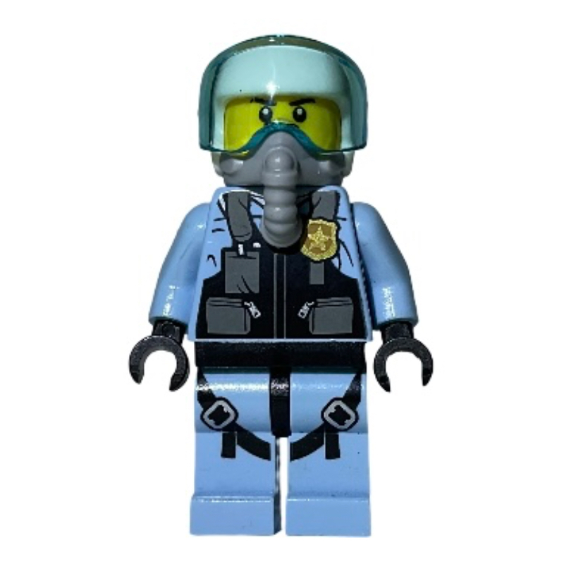 Lego Policeman, Pilot, Black Vest with Badge and Pouches, White Helmet with Visor, Breathing Apparatus