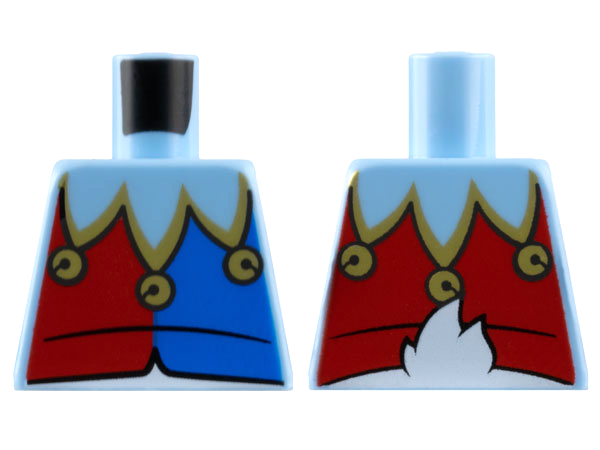 Lego Torso Jester Collar with Gold Trim and Bells, Red and Blue Panels, White Duck Tail on Back Pattern