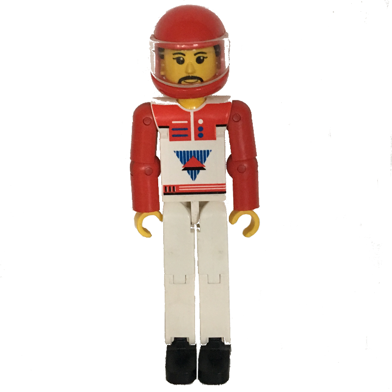 Lego Technic Figure White Legs, White Top with Red Vest, Red Arms, Black Hair - Red Helmet