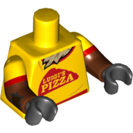 Lego Torso, Dual Molded Arms, Red Trim and 'LUIGI'S PIZZA', Straw Chest Print, Yellow Sleeves Pattern, Reddish Brown Arms Red Trim Print, Black Hands / Yellow