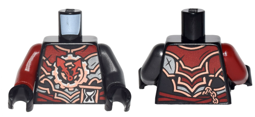 Lego Torso Ninjago Black, Dark Red, Dark Silver, Silver and Copper Armor with Red Clock Hands and Hourglass Pattern / Pearl Dark Gray Arm Left / Dark Red Arm Right / Black Hands