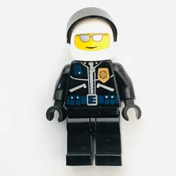 Policeman, Black JAcket with Zipper, Radio, Badge, and 'POLICE' on Back, White Helmet with Visor, Silver Sunglasses