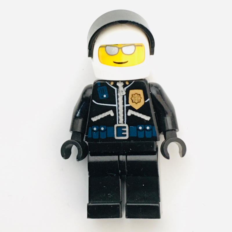 Lego Policeman, Black JAcket with Zipper, Radio, Badge, and 'POLICE' on Back, White Helmet with Visor, Silver Sunglasses